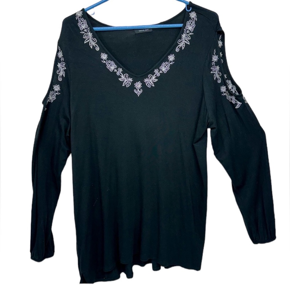 Verve Ami Neiman Marcus Women plus 1XL Blk Cold Shoulder Tunic Embroider…